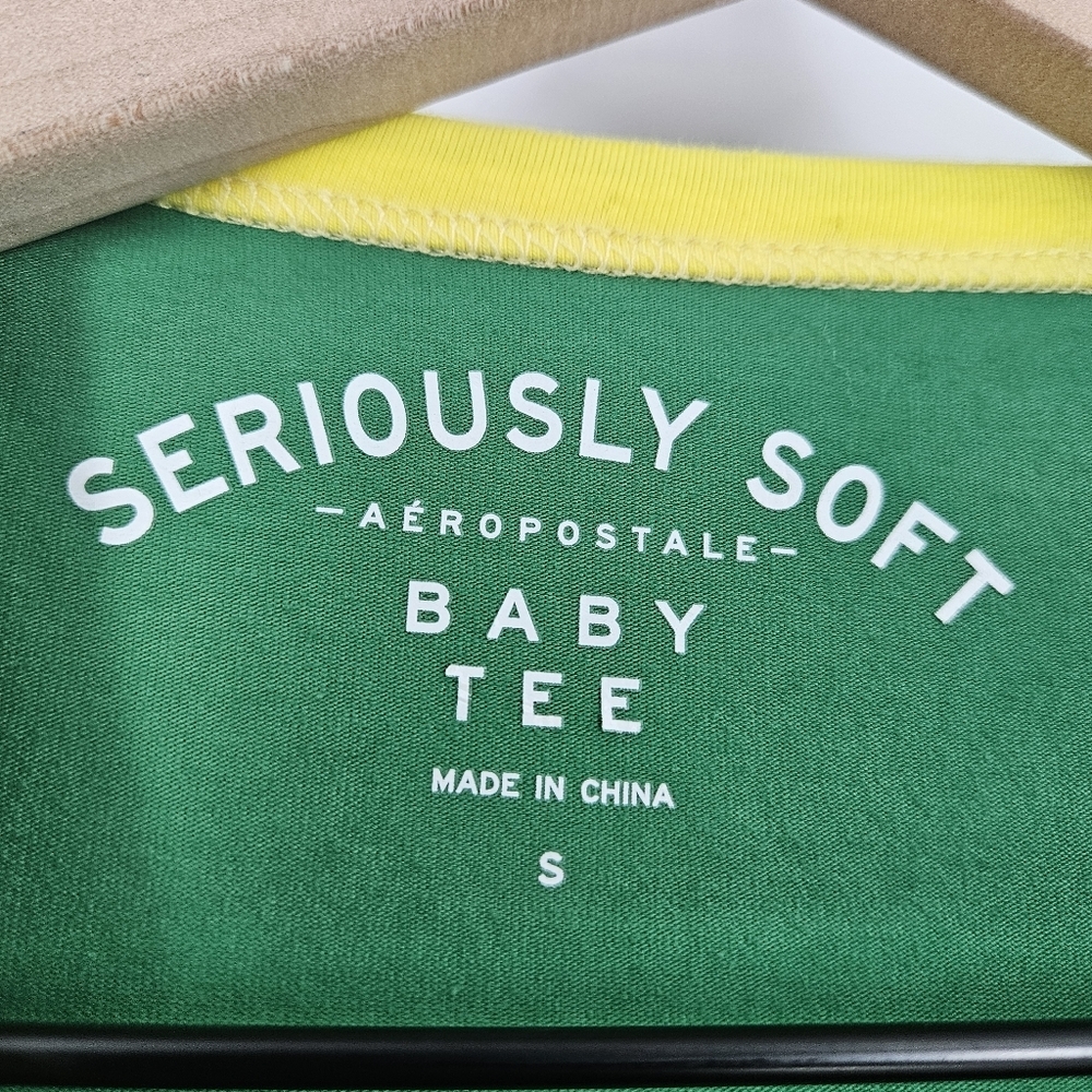 Aeropostale Green Seriously Soft Brazil Graphic Ringer Baby Tee - Picture 7 of 9